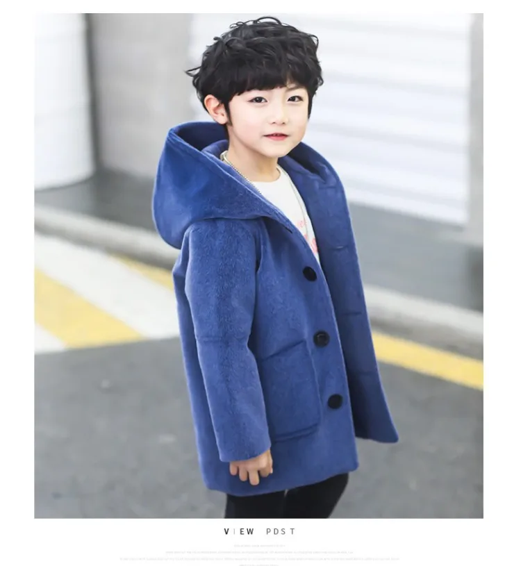 Детское шерстяное пальто г. новое осенне-зимнее плотное вельветовое шерстяное пальто средней длины с капюшоном для маленьких мальчиков, одежда