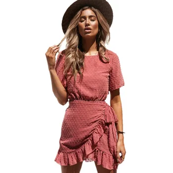 

Hot Selling Women Chiffon Dress Jacquard Dots 2019 Summer Ladies Vacation Sexy Backless Beach Dresses Ruffles Irregular Vestidos