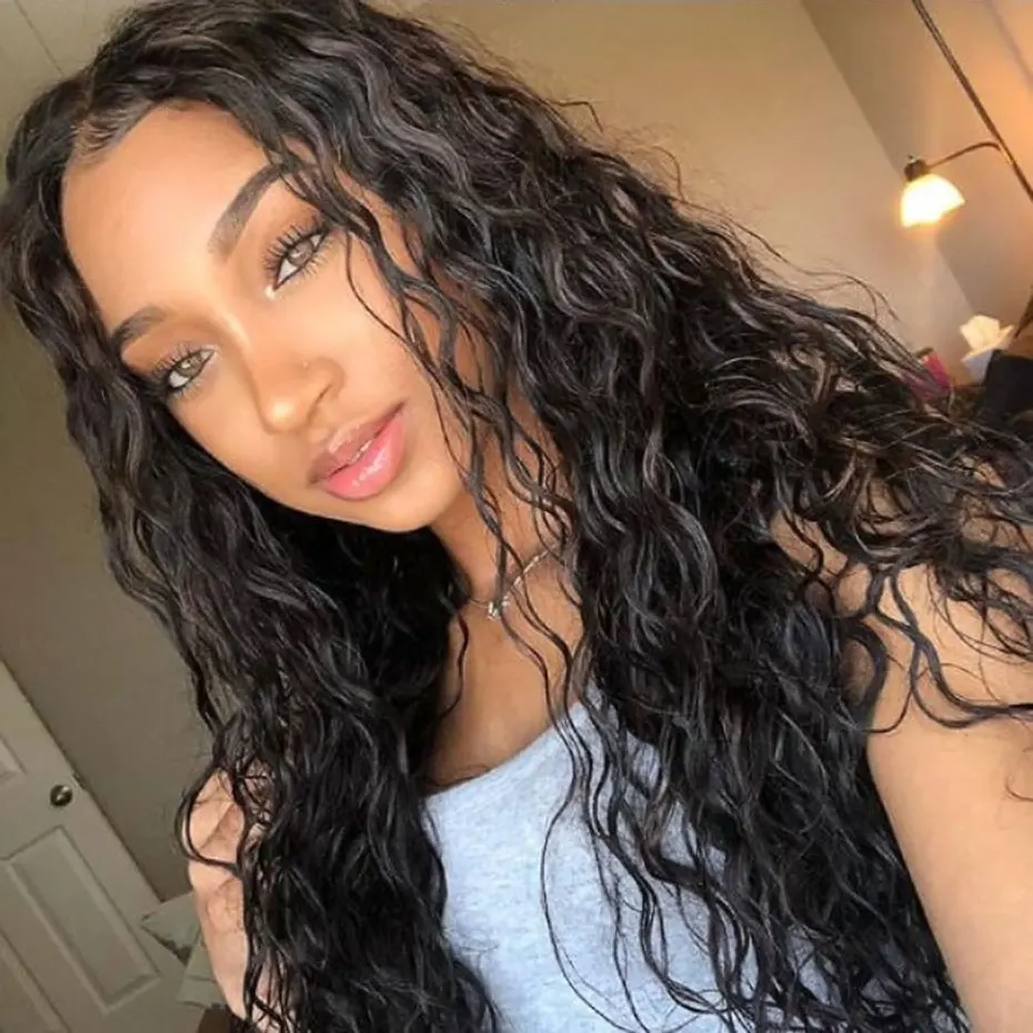  Liweike Brazilian Hair Water Natural Wave Lace Front Wig Full Ends Human Hair Pre Plucked Bleached 