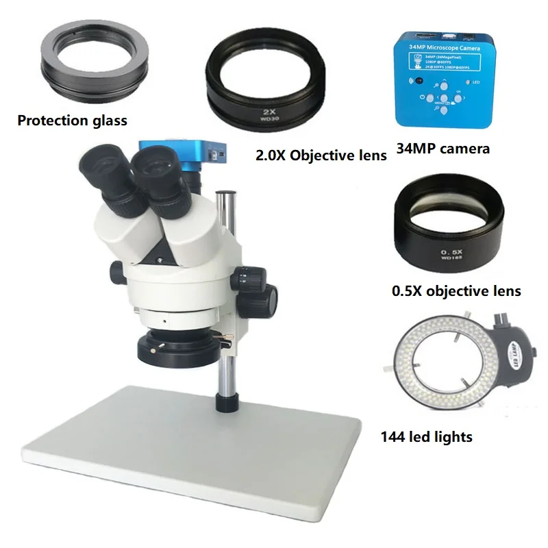 

34MP HDMI USB Camera 3.5X-90X Simul-Focal Trinocular Soldering Stereo Microscope 144 Led lights microscopio for Phone PCB Repair