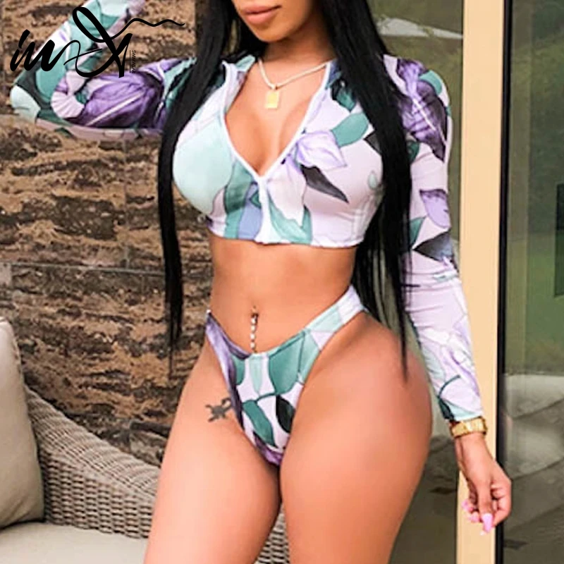 

In-X Zipper swimsuit female long sleeve crop top Sexy print bikini 2019 Plus size swimwear women bathers High cut bathing suit