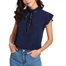 2019 Summer Elegant Blouse Women Stand Collar Ruffle Butterfly Sleeve Plain Blouse Wine Red Blue Knot Floral Lace Top knot detail floral blouse with shorts