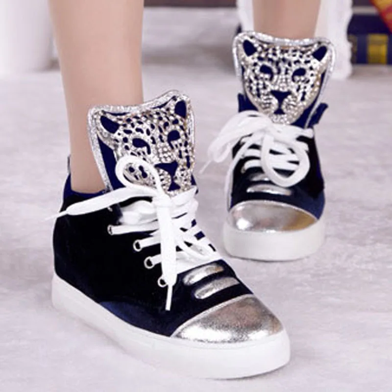 2018 New Women's Platform Sneakers Fashion Velvet Rhinestone Leopard Head Canvas Shoes Lace Up Height Increasing Women Sneakers lace up flatform velvet sneakers