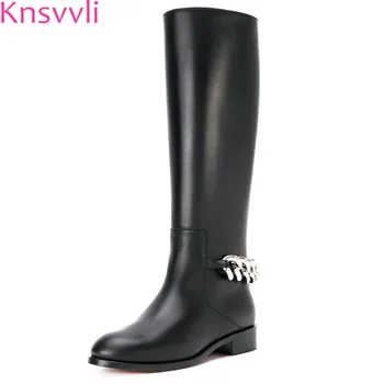 

Knsvvli Metal Chain back Gladiator Knee high Boots Women Designer Round Toe Black genuine Leather Flat Motorcycle Boots Ladies