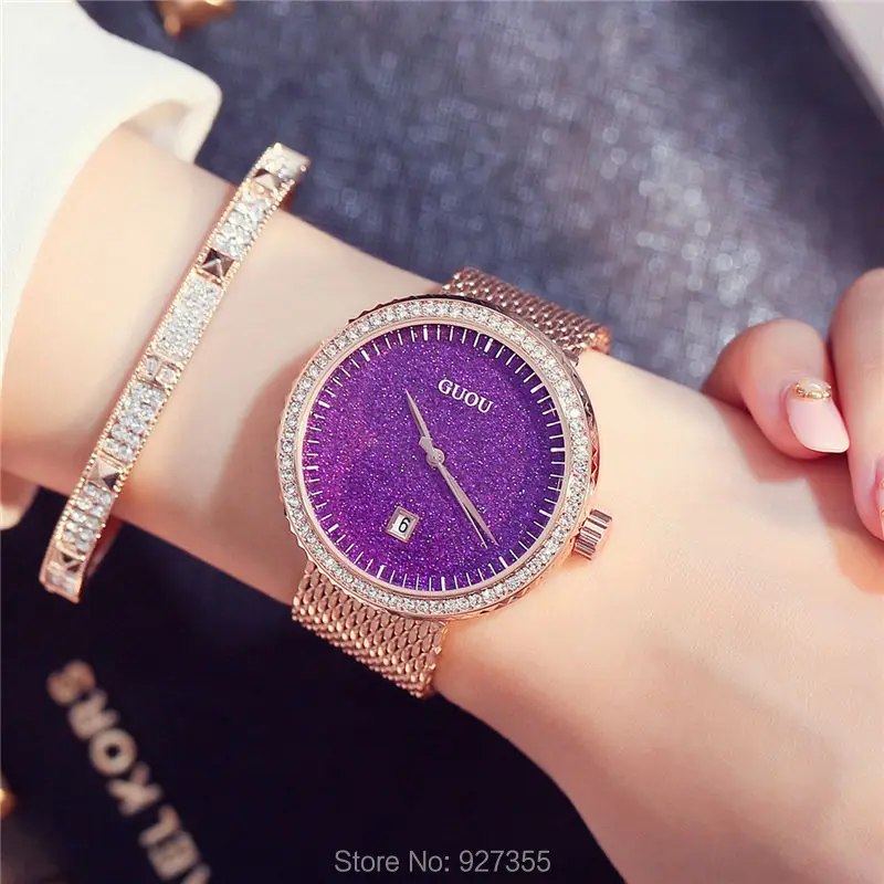 New 2017 GUOU Dress Women Watches Stylish Sky Bule Crystal Rhinestones Quartz Wristwatch Lady Bracelet Relogio 3