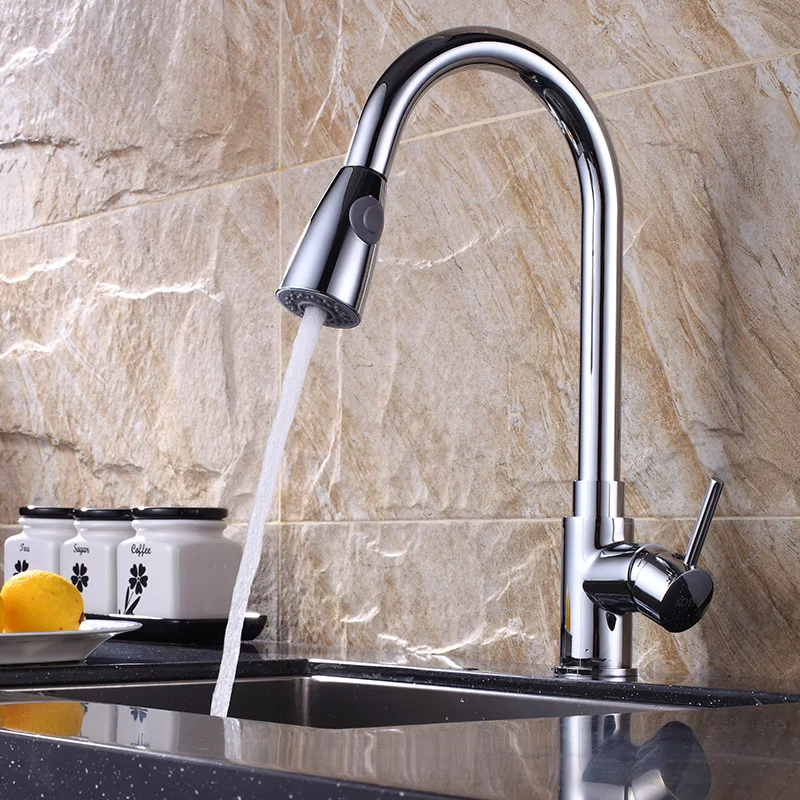 

Electroplate Kitchen Faucets Brass Silver Crane Bathroom Faucet Pull Out Single Handle Single Hole Mixer Taps Hot Cold Water