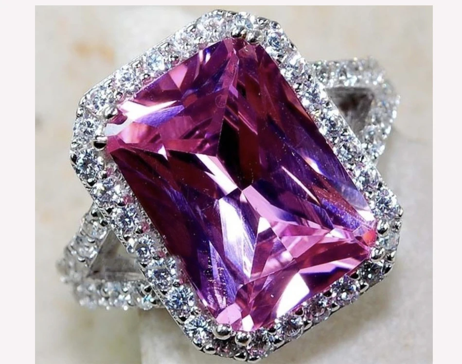 

Cute Female Big Princess Pink Ring 925 Sterling Silver Filled CZ Big Stone Ring Vintage Party Wedding Rings For Women