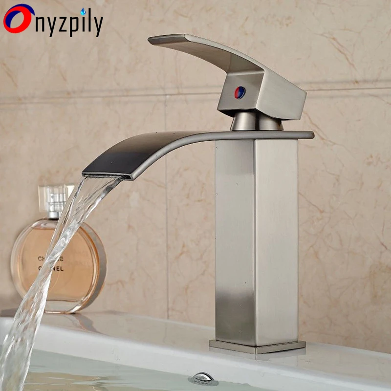 

Single Handle Brushed Nickel Bathroom Basin Faucet Waterfall Spout Hot&Cold Sink Hot&Cold