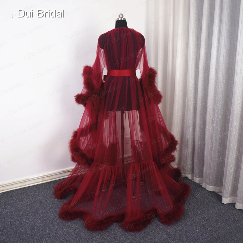 Burgundy Feather Robe Boudoir Tulle Illusion Bridal Robe Long Gift for Bride Homecoming Party Dress