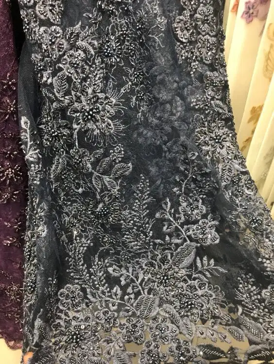 

ZH18120329 Embroidered french tulle net lace fabric with beads and stones elegant design for dress