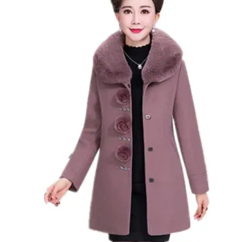

Woolen Coat Fashion Slim Fur Collar Woolen Coat Middle-aged Women Wool blends Coat 5XL