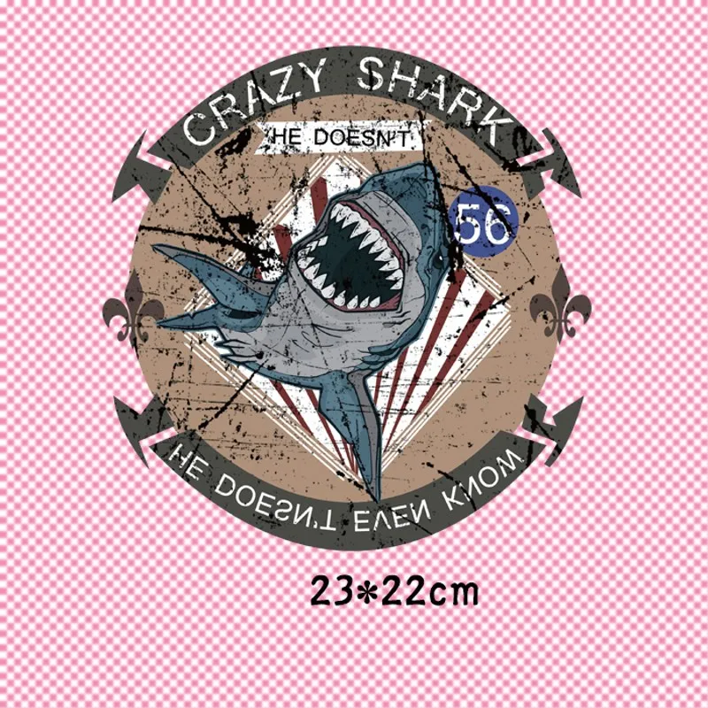 

23x22cm/6x6cm Crazy shark Iron On Stickers Washable Appliques A-level Patches Heat Transfer For DIY T-shirt Accessory Clothes