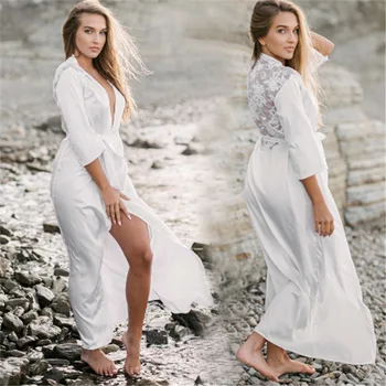 

Beach Dress Pareo Summer Sexy Cover Up Beachwear Saida De Praia Cape On The New Bathrobe Silk Satin Patchwork Back Lace Skirt