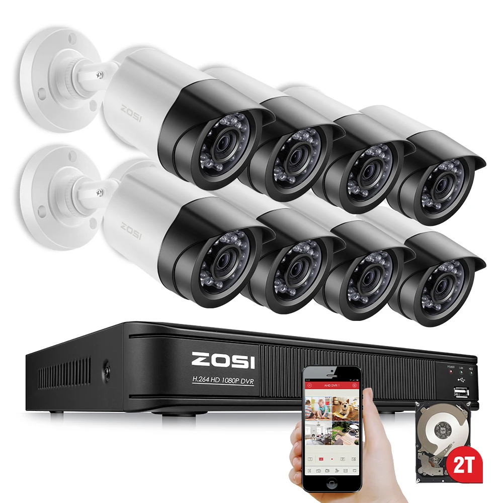 ZOSI 8CH 1080P HDTVI DVR 8PCS HD 2.0MP 1080P Real Time Outdoor