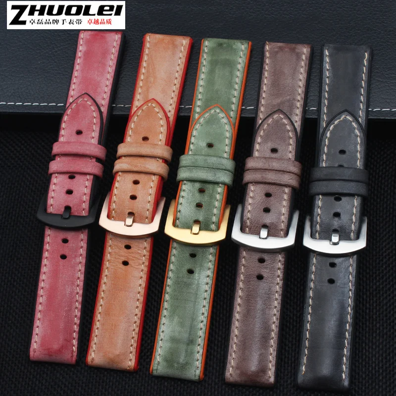

High quality and soft fog genuine leather with Waterproof rubber bottom watchband for men's brand Watch Band Strap + tool