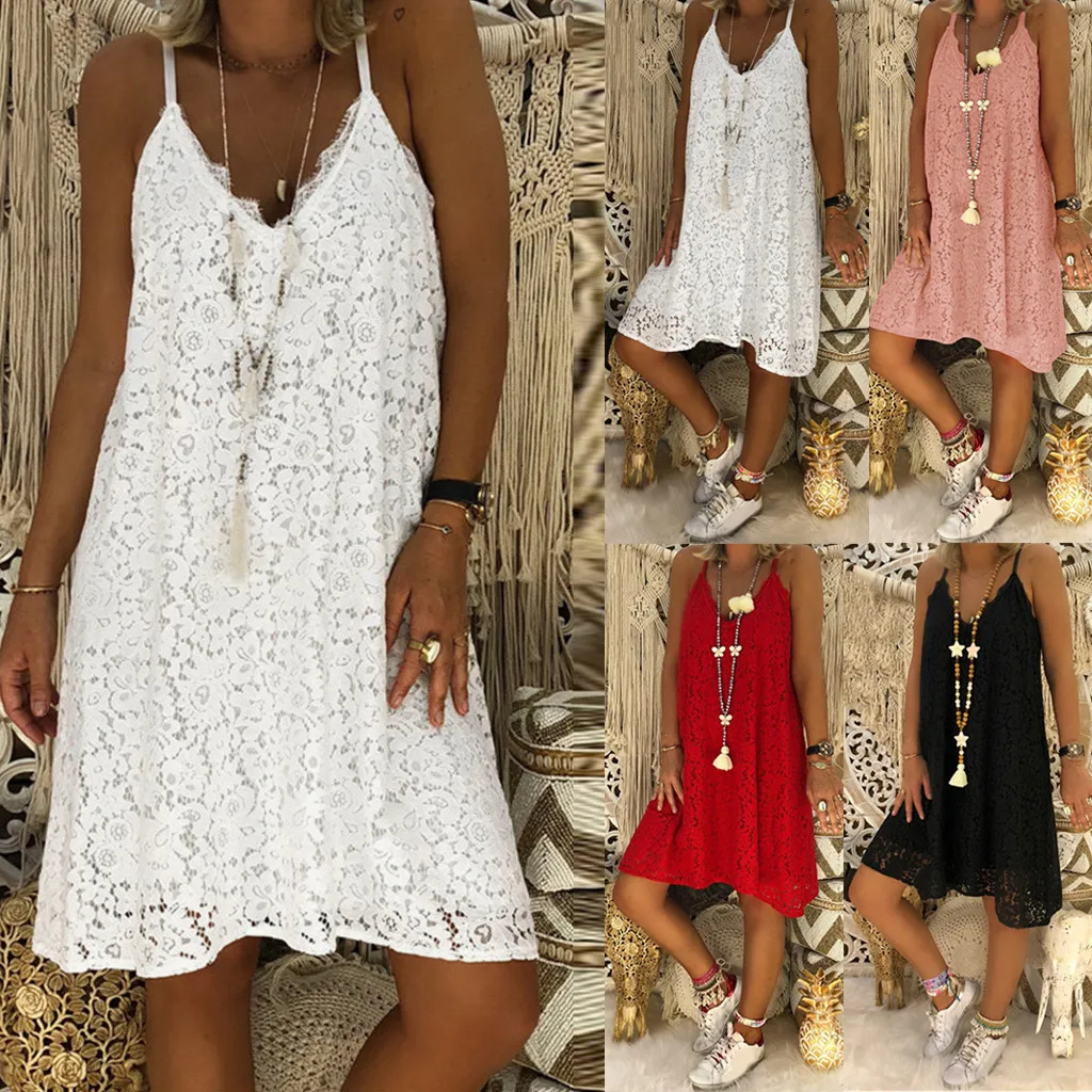 

2019 New Arrival solid color Sleeveless Women's Summer Sleeveless Solid Casual V Neck Dress Loose Plus Size Lace Dress S-5XL