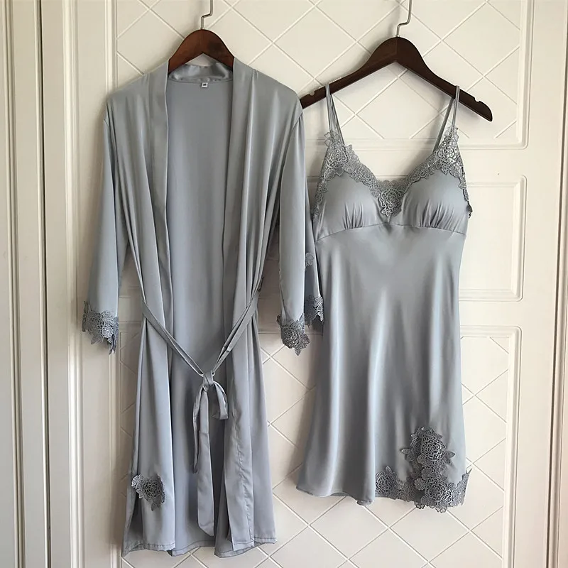 BZEL, шелковое атласное женское платье+ халат, комплект из двух предметов, комплекты для сна, Роскошная сексуальная женская пижама, ночное платье, халат, нижнее белье, нижнее белье