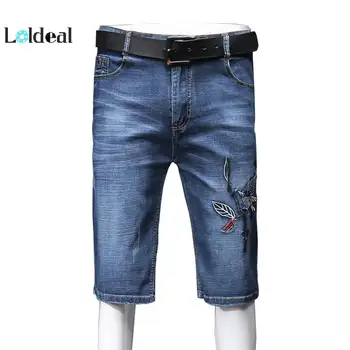 

LOLDEAL Denim Shorts Men's Fashion Summer Men's Bird Embroidery Denim Shorts Straight Shorts