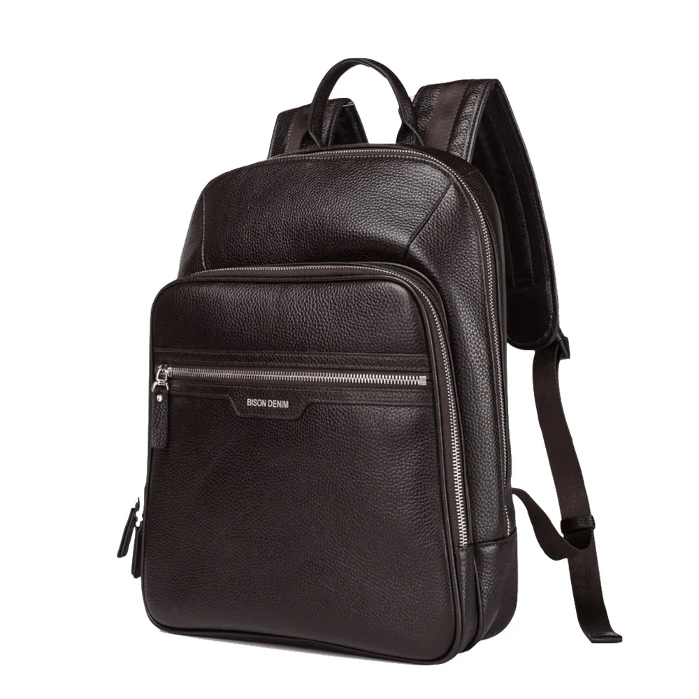BISON DENIM, мужской рюкзак из натуральной кожи, 14 дюймов, рюкзак для ноутбука, рюкзак для путешествий, мужской модный рюкзак, школьный рюкзак для мужчин, N2337 - Цвет: Coffee