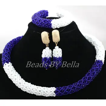 

1 Row Cheap Handmade Women Choker Necklace Royal Blue White Crystal Fashion Beads Dubai Wedding Jewelry Set Free Shipping ABK948