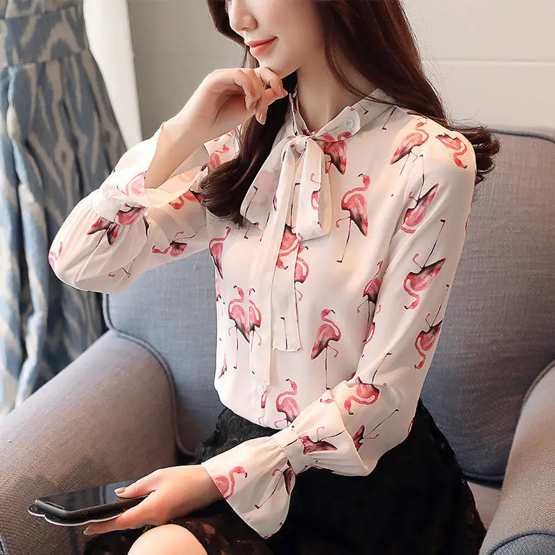 JLZXSY Women Flamingo Print Bow Tie Chiffon Blouse Flared Long Sleeve