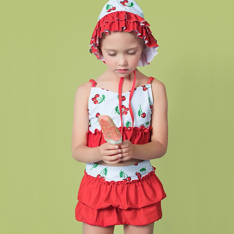 

Bikini 2019 Girls Cherry Print Ruffle Three Pieces With Cap Patchwork Swimwear Vitality Child Beachwear Pool Swimsuit S91414X