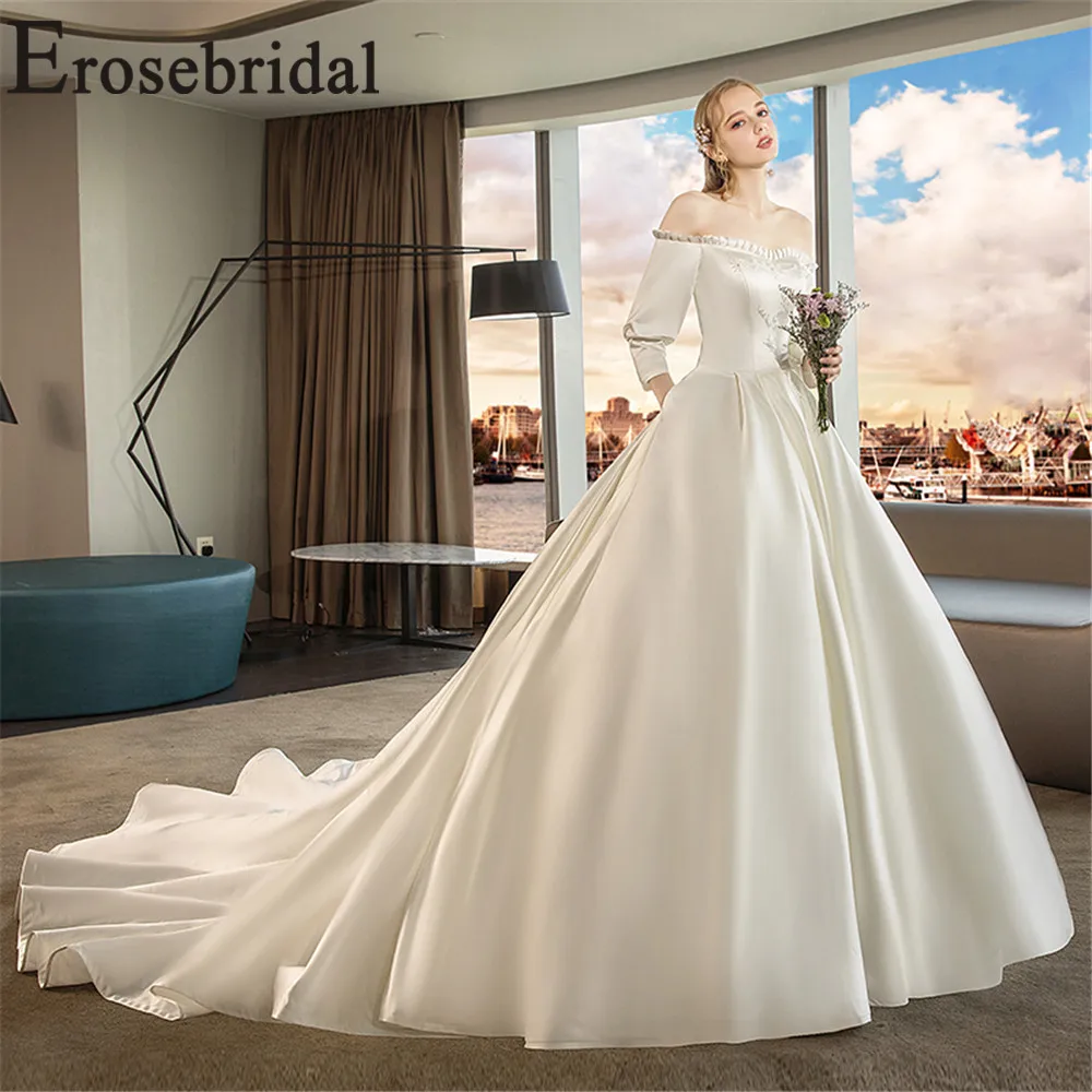 Erosebridal Новое поступление винтажное свадебное платье длинное 2019 вырез лодочкой воротник свадебное платье атласное женское платье невесты