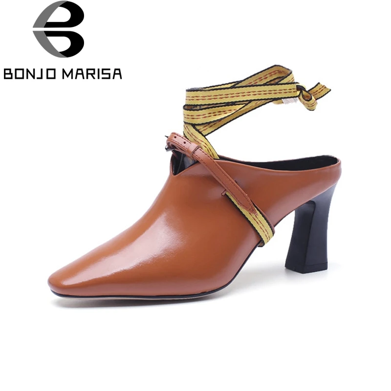 

BONJOMARISA women's Genuine Leather Ankle Strap Square High Heels Solid Pointed Toe Shoes Woman Casual Spring Pumps Size 34-39