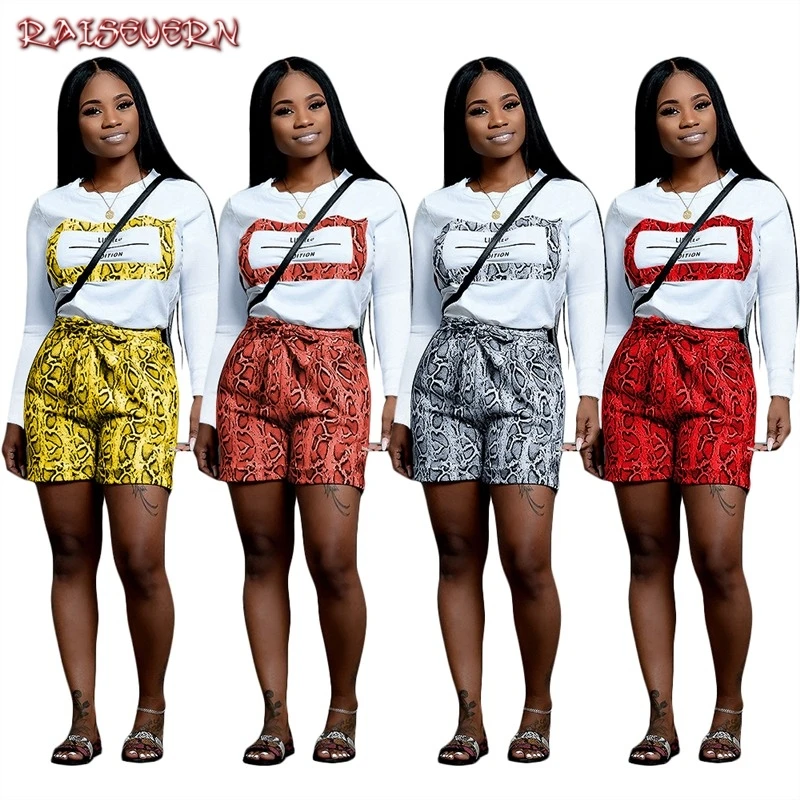 

Leopard Snake Skin 2 Pcs/Set Tracksuit Long Sleeve T-shirt Women Spring Shorts Suits Casual Basic Tee Shirt + Shorts 2 Piece Set