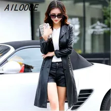 AILOOGE, женское новое пальто, осенняя кожаная куртка, пальто для женщин, искусственная кожа, пальто, Модная тонкая Длинная кожаная верхняя одежда размера плюс 5XL