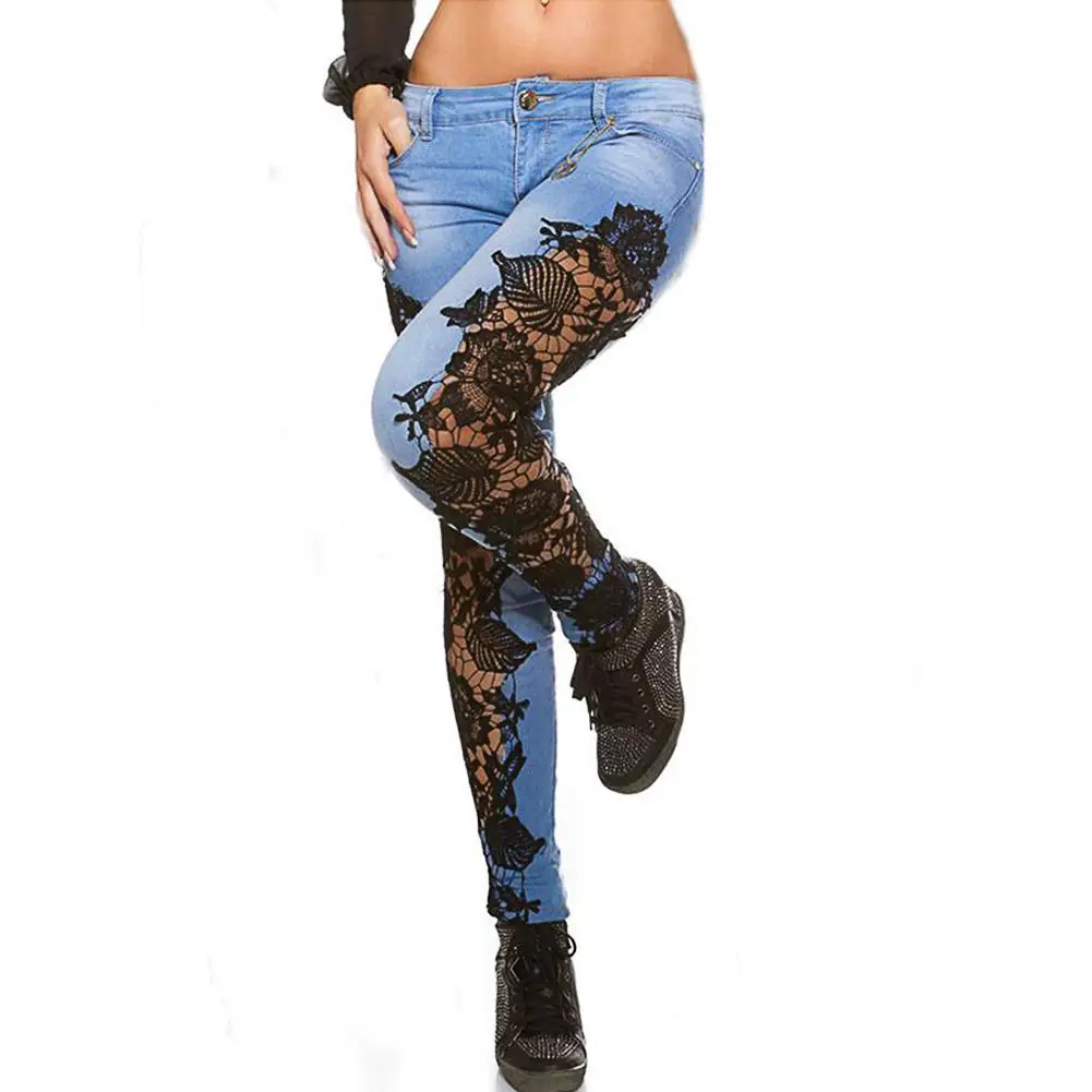 Повседневная Женская высокая талия прилегающая джинсовая одежда брюки сексуальные кружевные лоскутные прозрачные джинсовые брюки на молнии женские узкие брюки