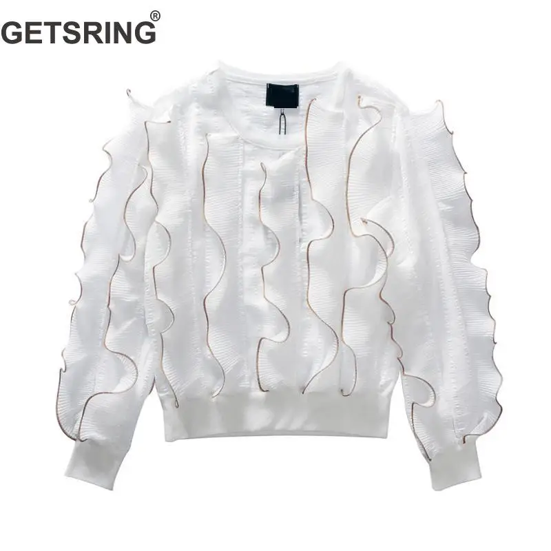 

GETSRING Women Blouses Patchwork Chiffon Blouse Wavy Edges Lace Top Long Sleeve White Lace Blouse All Match Women Tops Autumn