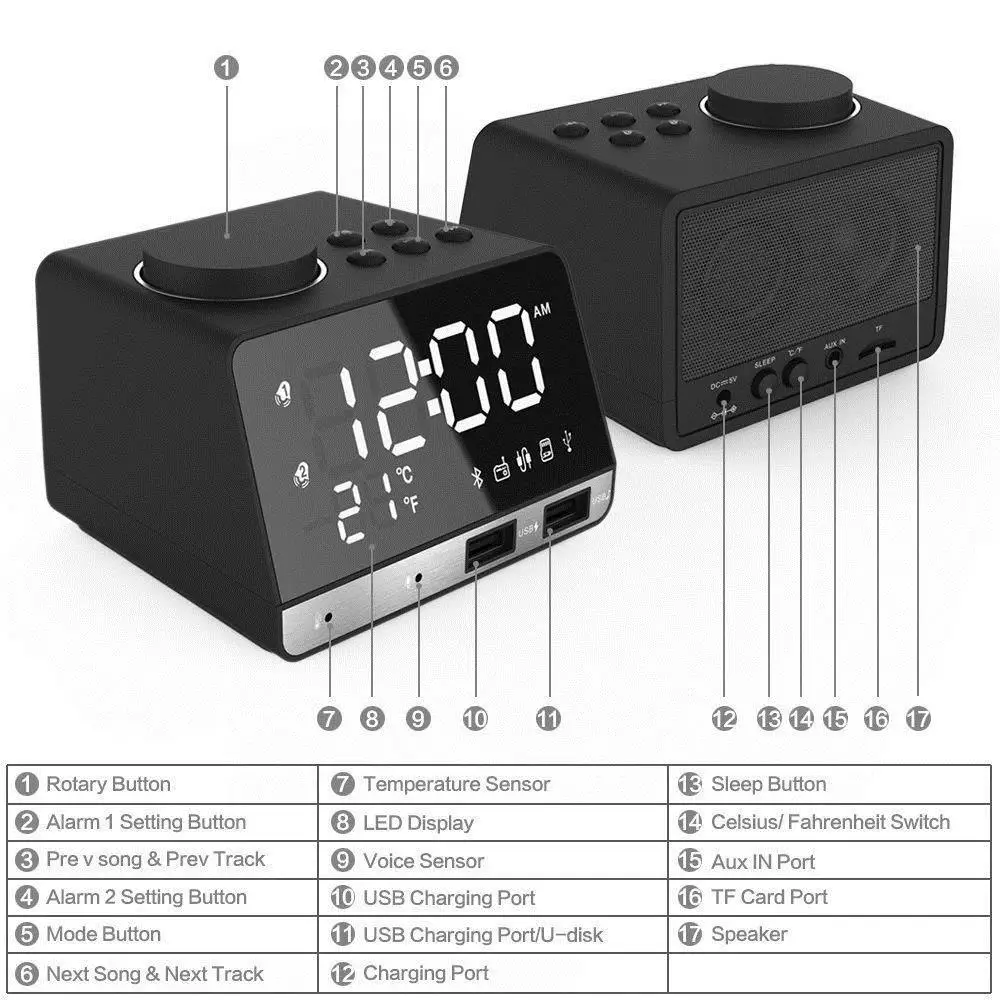  Wireless Bluetooth Bass Speaker FM Radio Mirror LED Dual Alarm Clock USB Charger