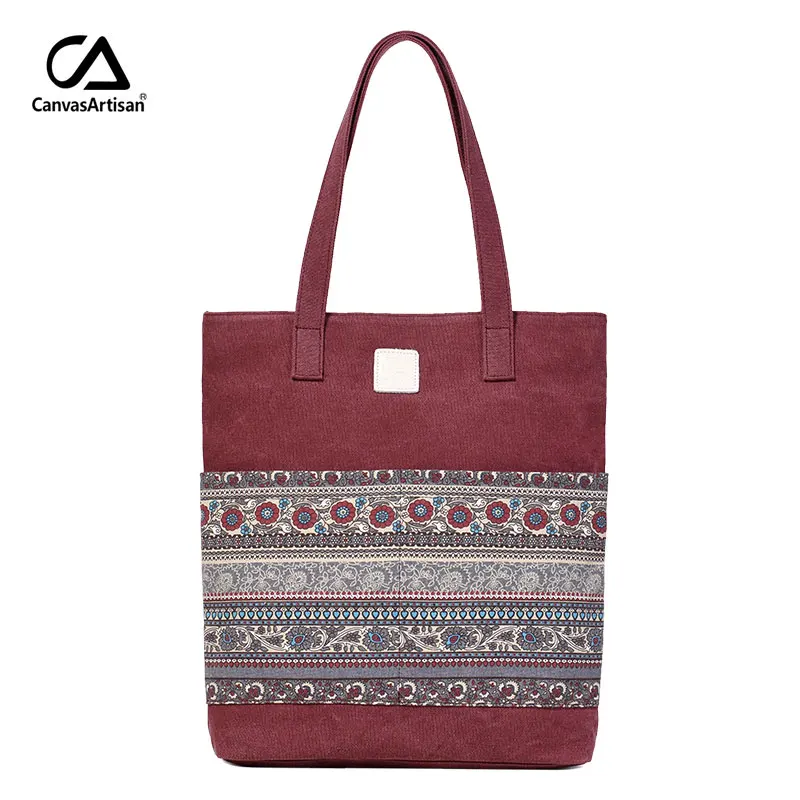 wine red Canvasartisan Фирменная Новинка холщовые женские сумки Цветочные винтажные женские хозяйственные сумки на плечо застежка-молния сумки-тоут ручные сумки - Цвет: wine red