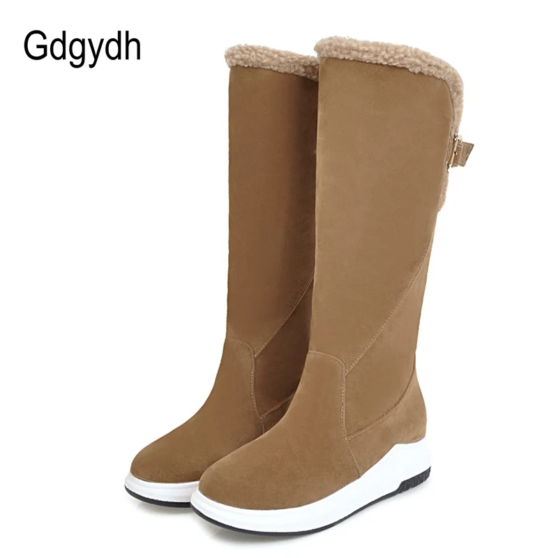 Ceny Gdgydh buty do kolan zimowe ciepłe buty damskie 2019 New Arrival metalowe klamry pasa kobiet śnieg buty pluszowe wewnątrz dobrej jakości
