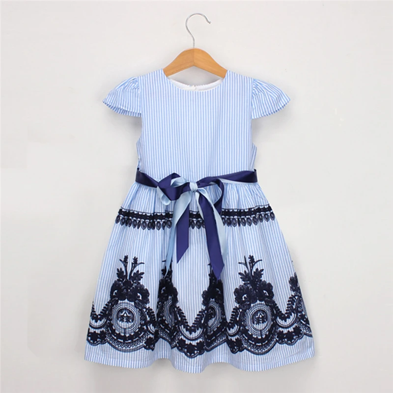 New Toddler Kids Baby Girls Clothes Stripe Floral Embroidery Party Princess Dress Blue Kid Baby Girls Dress Short Sleeve V9# (1)