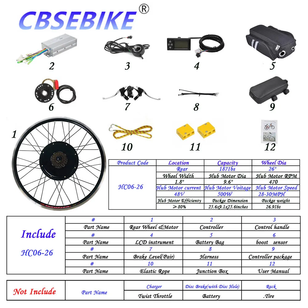 CBSEBIKE 26 дюймов комплект для переоборудования электрического велосипеда ЖК-дисплей eBike для заднего колеса велосипеда мотор HC05-26 - Цвет: 26inch 48V500W  HC06