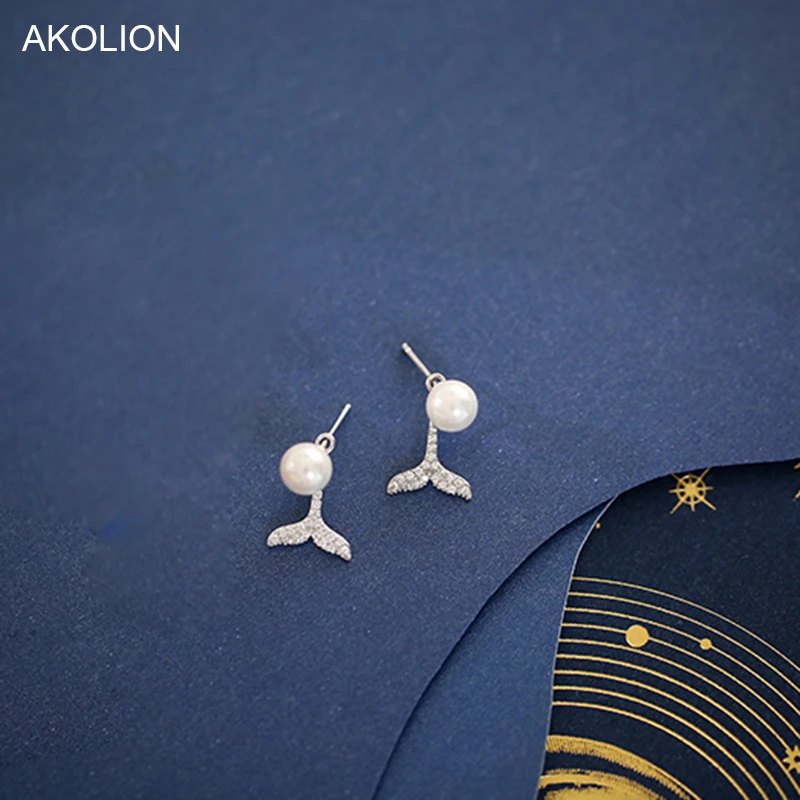 

High-quality Silver Mermaid Tail Stud Earrings 925 Imitation Pearl AAA White Zircon Earrings Jewelry For GIrl Christmas Birthday