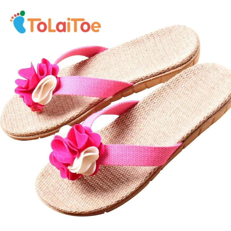 

ToLaiToe Women New Linen Flowers Home Slipper Summer Cool Sweat Non-slip Breathable Slipper Ladies Leisure Indoor Flip Flops