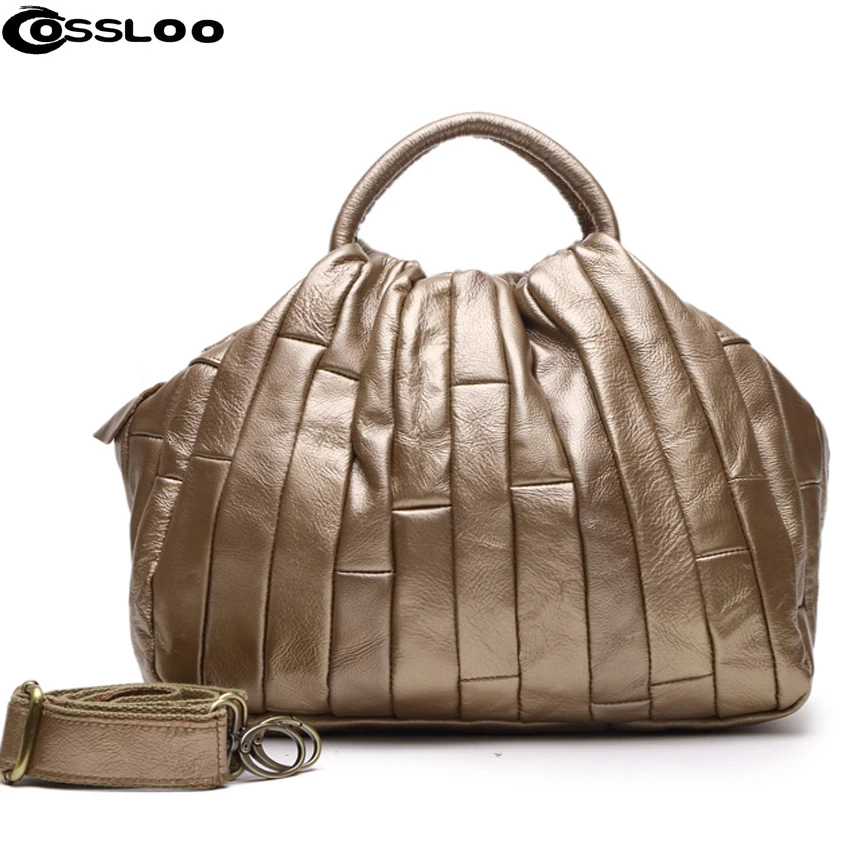 

COSSLOO Fashion 100% Genuine Leather Tote Bags For Women Real leather Fashion Silver Gold Patchwork Designer Crossbody Handbag