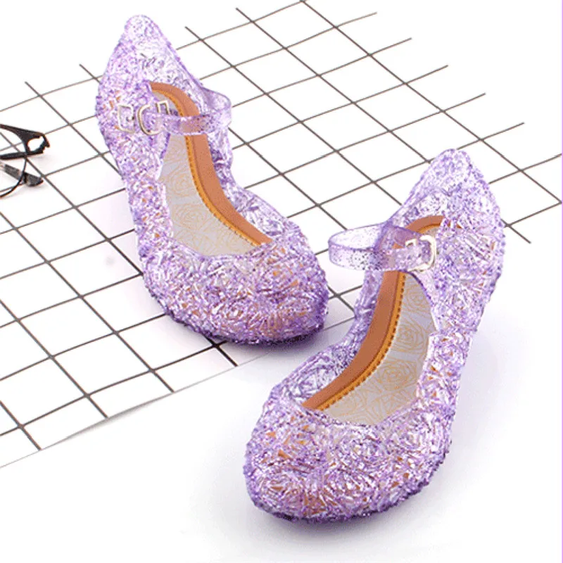 Летние сандалии с кристаллами для маленьких девочек; обувь принцессы на высоком каблуке с вырезами; вечерние туфли Золушки для костюмированной вечеринки; обувь для танцев - Цвет: Фиолетовый