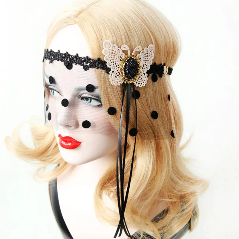 Women Gothic Black Crown Butterfly Ribbon Tassel Rhinestone Polka Dot Lace Eye MASK Elastic Headband Hairband Fancy Dress Ball |