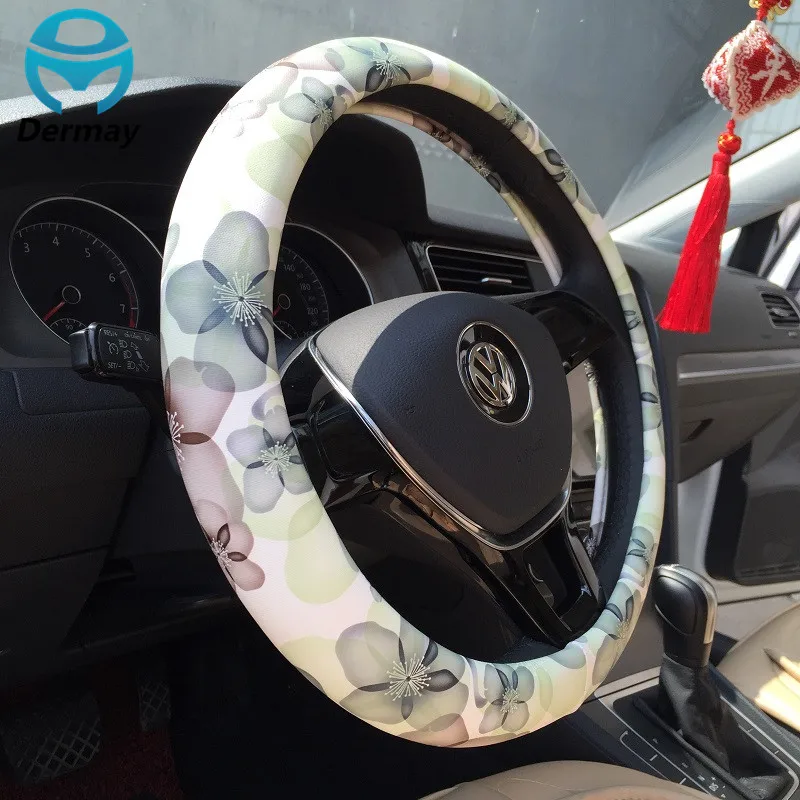 Flowers Cute Steering Wheel Covers Soft PU Leather Fit 14 15" 38CM