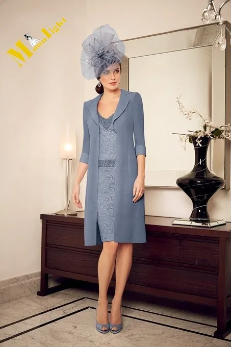 YM-026 Gorgeous 2015 Grey Mother of the Bride Lace Dresses With Jacket Chiffon Knee Length Beads vestido de festa casamento | Свадьбы и
