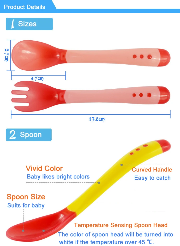 Детские Температура зондирования ложка и Вилы Детская безопасность силиконовые Кормление Столовые приборы ложка + Вилы Bebe подачи Посуда