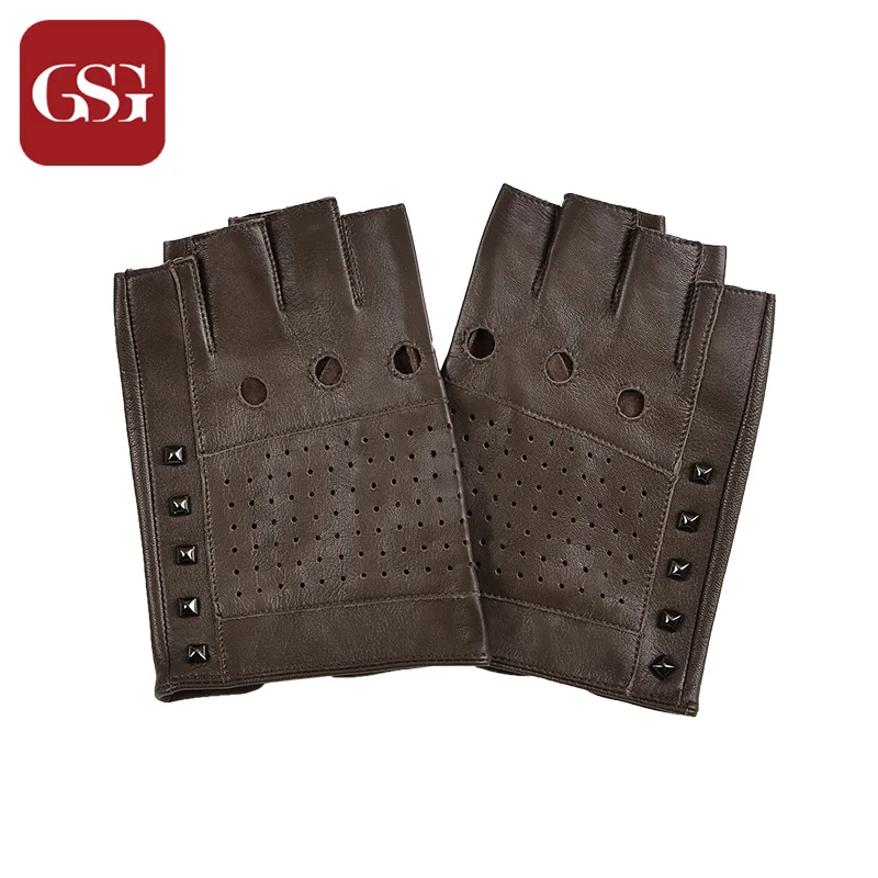 GSG Мужские кожаные перчатки без пальцев из натуральной кожи, перчатки для вождения, модные перчатки на пол пальца, Мотоциклетные Перчатки Без Подкладки - Цвет: brown