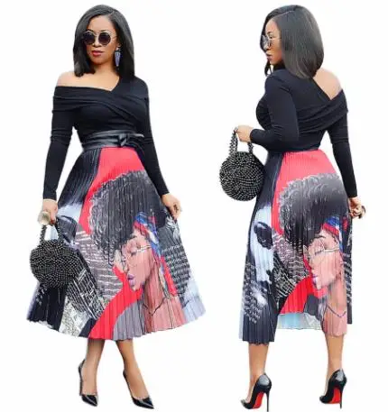 

The upcoming spring 2019 African cartoon pattern high stretch pleated skirt high street style a-line skirt midcalf Christmas