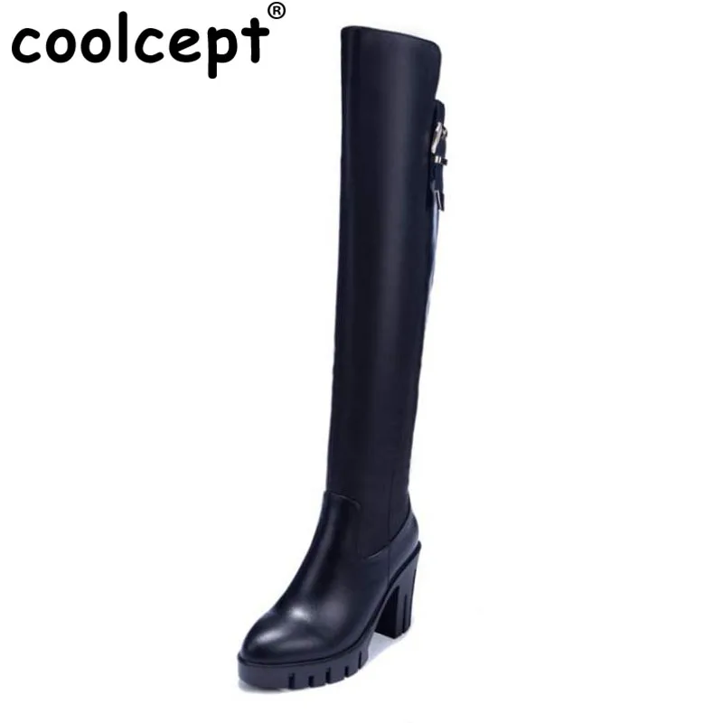 

Coolcept Women Over Knee Boots Genuine Leather High Heel Boots Platform Long Botas Warm Winter Shoes Women Footwears Size 34-39