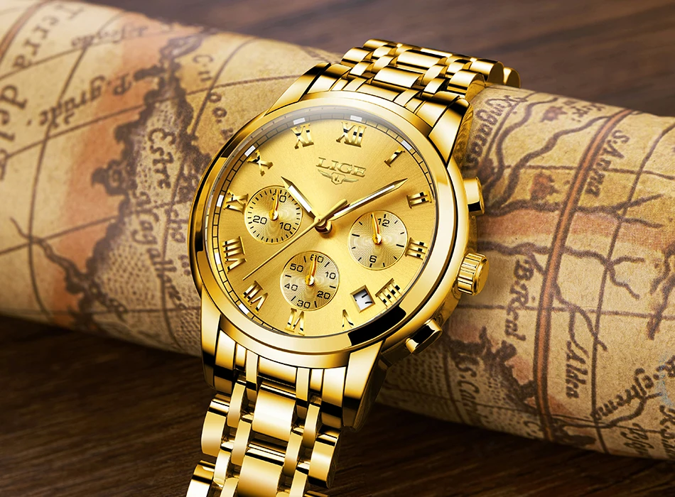 Lige top бренд класса люкс Бизнес Кварцевые Золотые часы Для мужчин полный Сталь модные Водонепроницаемый спортивные часы Relogio Masculino