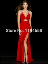 2016 Sexy V-ausschnitt Kristall Perlen Open Back Prom Kleider Lange Red Abendkleid 42942 P